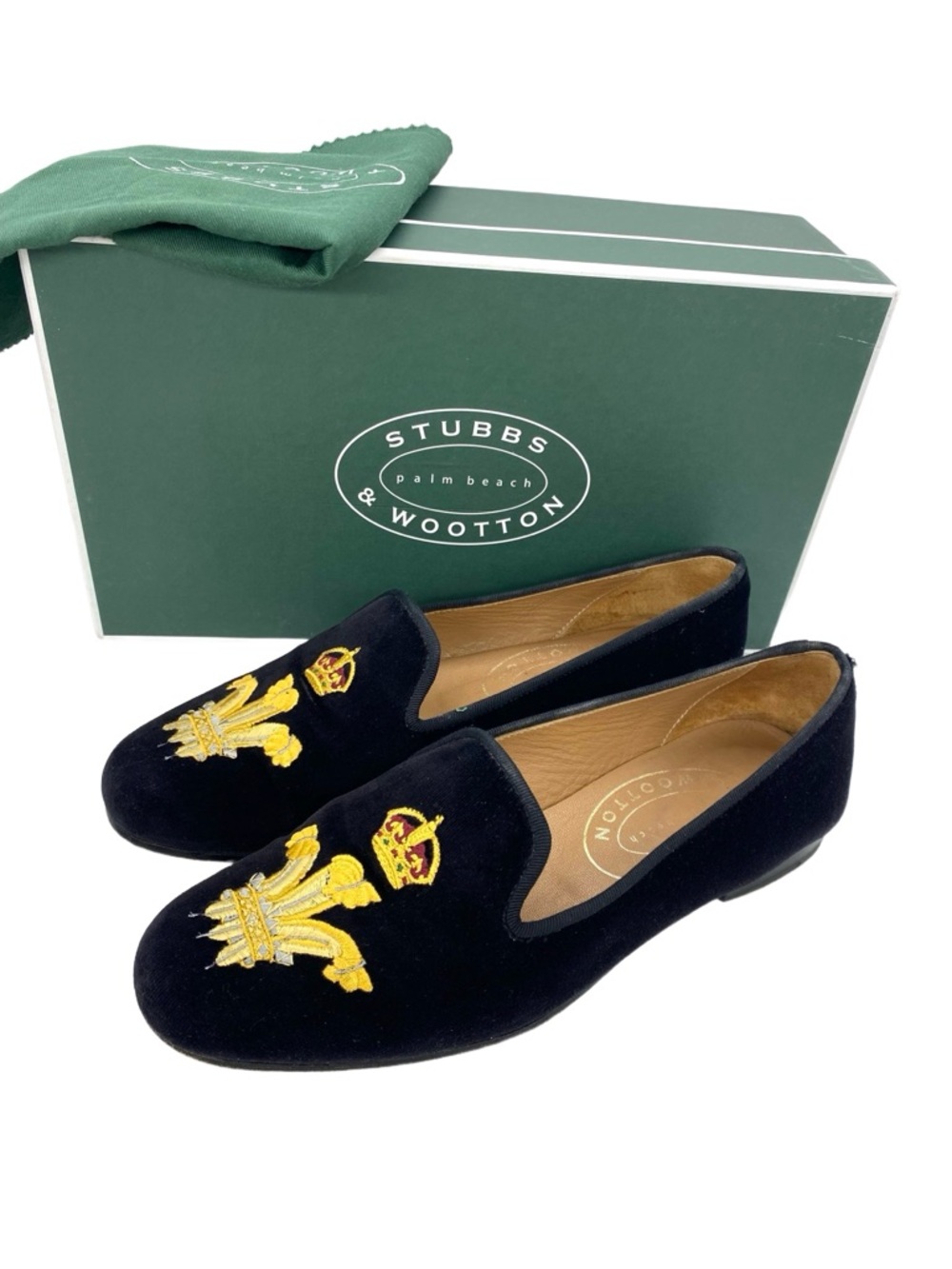 Stubbs & Wootton Black Velvet Gold Crown Fleur-De-Lis Embroidered Loafers Size 8